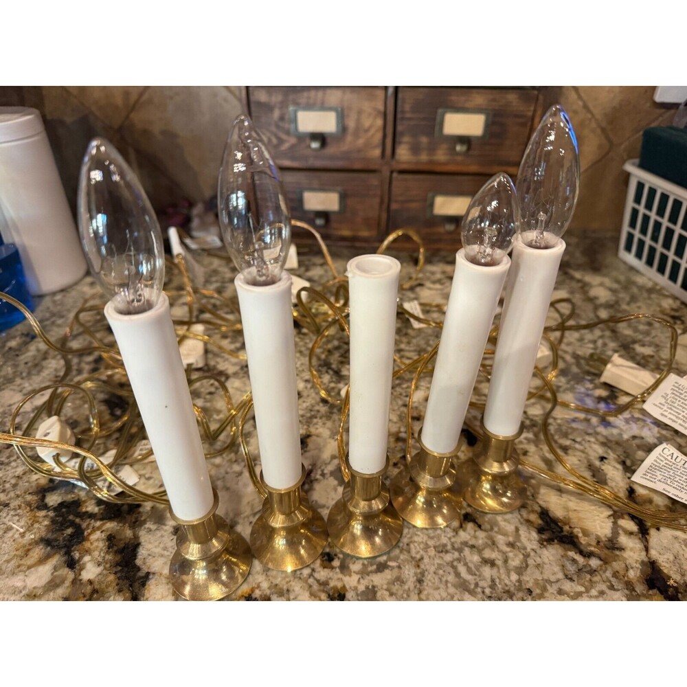 5 Electric Window Candle Lamps with Brass Plated Base, On/Off Switch, Light Bulb